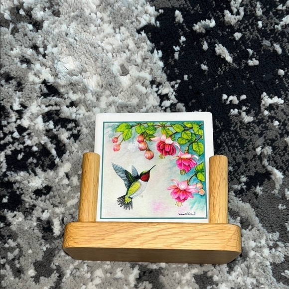 Wilma B.Vincent Hummingbird and Flowers Ceramic Tile with Wooden Stand - Picture 1 of 7